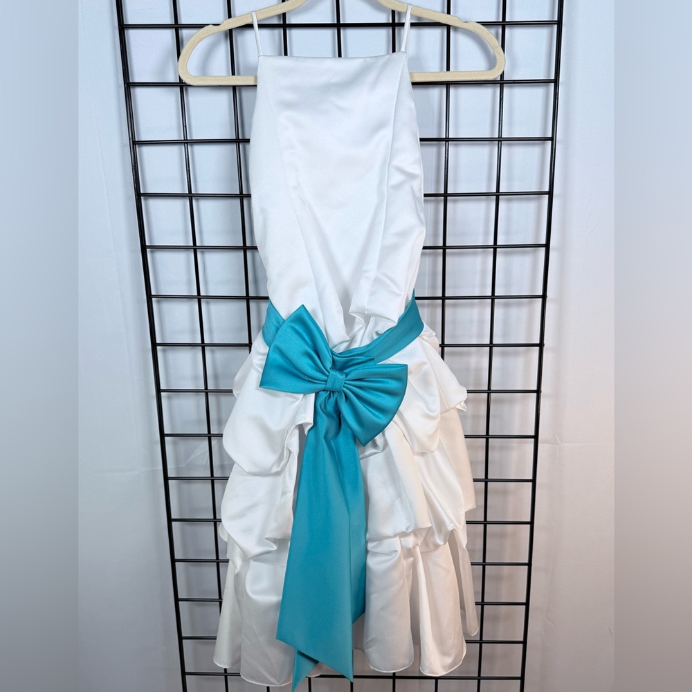 David’s Bridal Flower Girl Satin Pick-up Ballgown Dress Girls 5 White‎ Turquoise